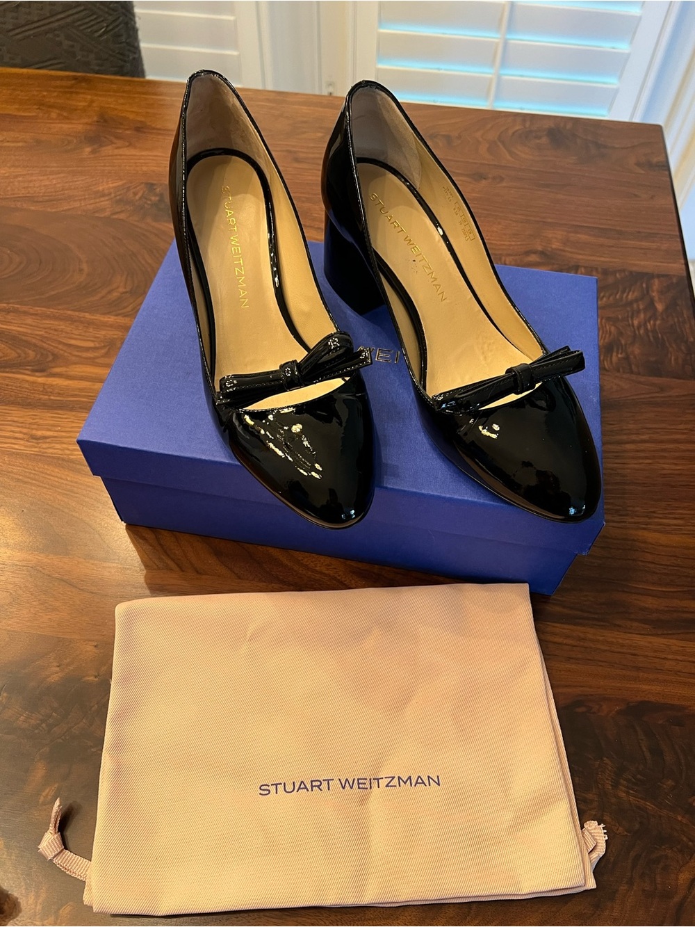 Stuart Weitzman Black Patent Leather Bow Block Heel Pumps